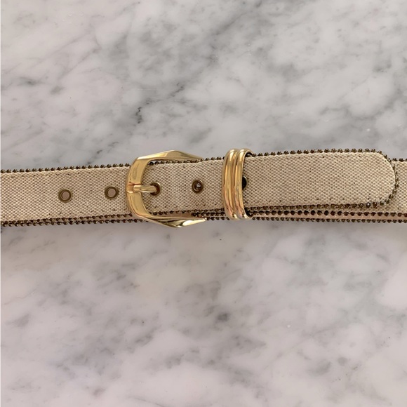 Canvas tan belt with little gold balls around edge and gold buckle   size 29” - Picture 2 of 6